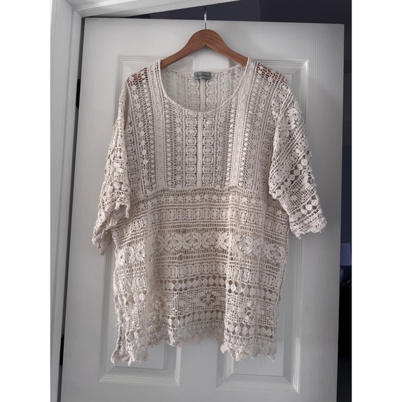 Catherines Tops - Crochet Boho Knitted Tan Short Sleeve Blouse Hippie